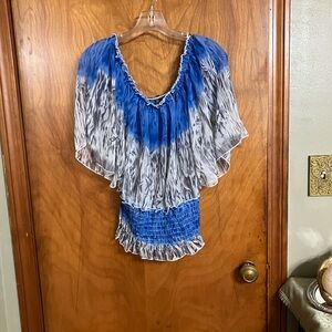 Blue and White Smocked Peasant Blouse with Flutter Sleeves off the shoulders